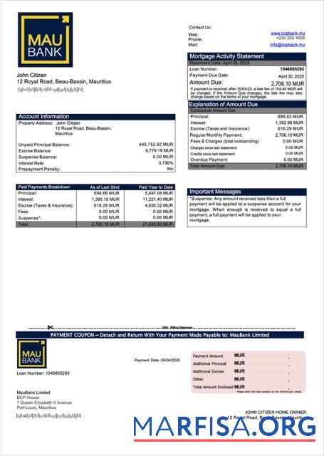 Blank Mauritius MauBank Limited mortgage statement Word and PDF template